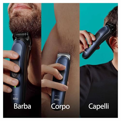 Braun Rasoio Elettrico Barba e Capelli, REGOLABARBA UOMO e Tagliacapelli Uomo, 11-in-1 Styling Kit per Barba, Capelli, Corpo, Naso e Orecchie, 100 Minuti Di Utilizzo, Idea Regalo, MGK7450 Blu - Immagine 2