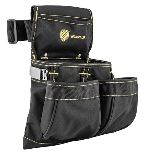 Works Heavy Duty 5 Pocket Single Side Carpenter Tool Belt Pouch/Work Apron With Metal Tape Measure Clip And Hammer Loop | Adjustable Belt For Custom Fit | Black #TOP1