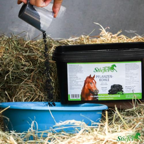 Stiefel Pflanzenkohle für Pferde, 100% Reine Pflanzenkohle zur Unterstützung des Magen-Darm-Trakts, für den Stoffwechsel, 1,5kg