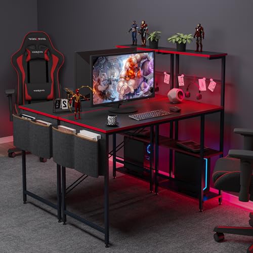 Image of Bestier Gaming Desk with LED Lights, 44 Inch PC Gamer Desk for Small Spaces, Computer Desk with Reversible Storage Shelves & Side Storage Bag (Black 3D Carbon Fiber)