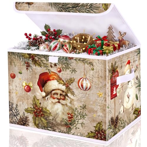 Image of Briwooody Vintage Christmas Storage Bin with Lid and Carrying Handle Retro Santa Claus Foldable Storage Box Large Xmas Decorative Collapsible Container Basket for Organizing Closet Home Bedroom Gift