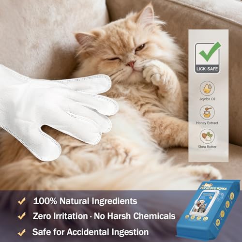 Image of Pet Glove Wipes, Disposable Grooming Mitts for Dogs and Cats, Waterless Bath, Lick-Safe, with Jojoba Oil, Honey Extract and Shea Butter, 20 Count (Extra Thick, 20 Count-Glove Wipes)