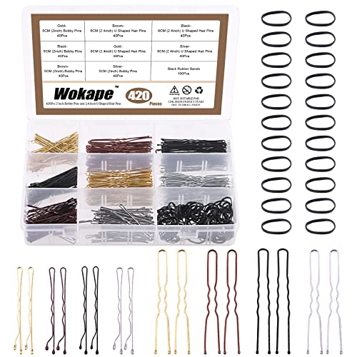 Wokape 420Pcs 2" Bobby Pins and 2.4" U Shaped Hair Pins with Black Rubber Bands Soft Elastic Bands Assortment Kit