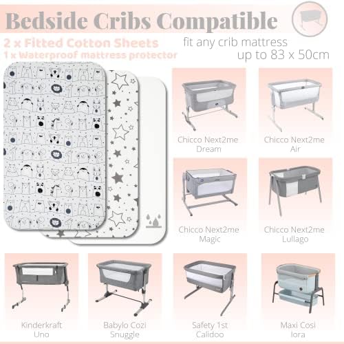 Next to Me Crib Sheets - 3pc Crib Sheets Set - 2 Fitted Cotton Sheets and 1 Waterproof Mattress Protector for Bedside Cribs - 100% Organic Cotton - Made in Europe (Grey Animals&Stars, 83x50cm)