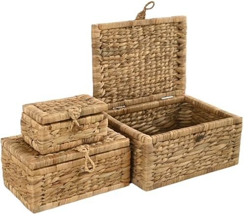 Wicker Storage Basket with Lid Set of 3 – Decorative Seagrass Box...