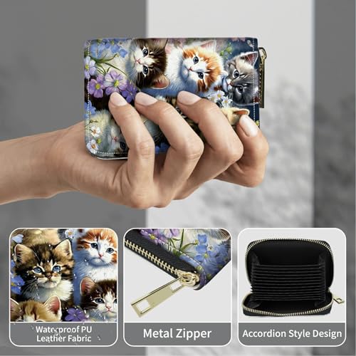 Image of Cute Credit Card Holder with Zipper, Cats Family RFID-Blocking Card Case Small Wallet for Women Men, Multi-slot Card Organizer Case Travel Accordion Wallet