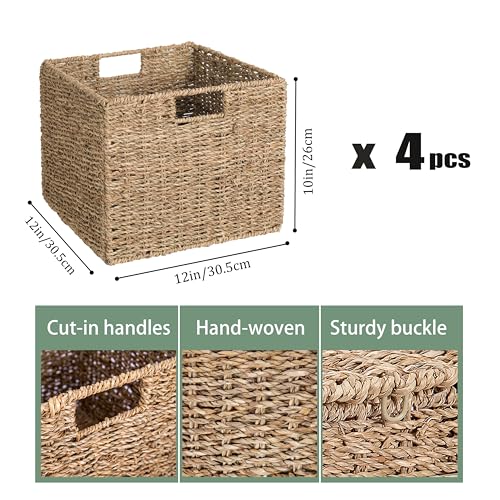 Dingtai G2024320 12X12X10In Seagrass Storage Baskets Set Of 4, Large Wicker Storage Basket, Decorative Seagrass Shelf Basket thumb #4