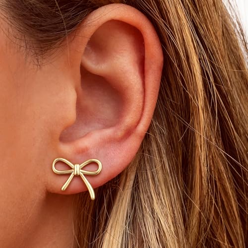 JIAOGE Bow Earrings for Women Trendy - Gold Stud Earrings for Women Jewelry Gold Hypoallergenic Bow Earrings for Girls Gifts for Girls Stuff Birthday Gifts for Women Mom Daughter Sister — view 5