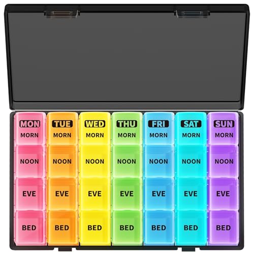 Opret Weekly Pill Organiser Pill Box 7 Day 4 Times a Day with case Portable Travel Tablet Organiser with 28 Compartments for Vitamin Fish Oil Supplements Medication (Black-Rainbow)