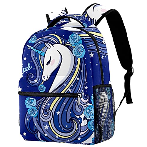 Sac à dos ordinateur portable licorne bleue décontracté grand volume fille et garçon