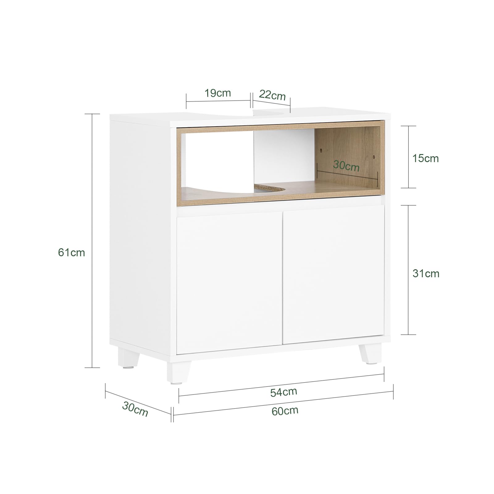 SoBuy Meuble sous Lavabo Salle de Bain Meuble Vasque Armoire de Rangement avec 2 Compartiments et Porte, Design Bois-Blanc, pour Petit Espace et Ensemble Meubles Salle de Bain 60x30x61 cm BZR148-W