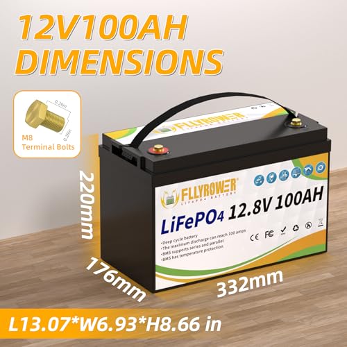image for FLLYROWER 12V Lithium Battery 100AH With BMS and 16500 Deep Cycles 12V