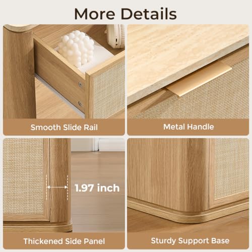 Image of Night Stand Set of 2, 30.71 inch W Rattan Nightstand with 3 Drawers, Faux Marble Top Bedside Table, Boho Mid Century End Table for Bedroom Living Room Sofa Office, Natural Oak [FSC Certified]