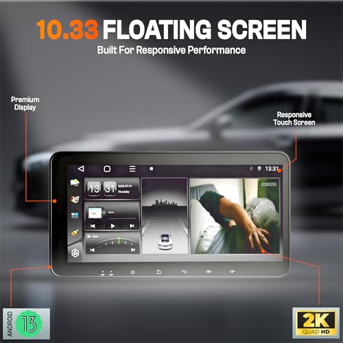 Image of MEGAAUDIO 10.33 Inch Android 14 Car Music System | Quad Core Processor, 4GB RAM, 64GB ROM | Floating IPS Touchscreen, Wireless CarPlay Android Auto, 4G SIM, 360 Camera Support (WiFi Bluetooth Stereo)