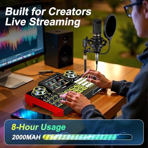 Image of Audio Mixer, Sound Board for Pc /Phone Live Streaming Singing Gaming, Podcast Mixer for 3.5 /6.35mm Dynamic Microphone, Live Sound Card with DJ Mixer Effects Voice Changer, Denoise, One Click Mute