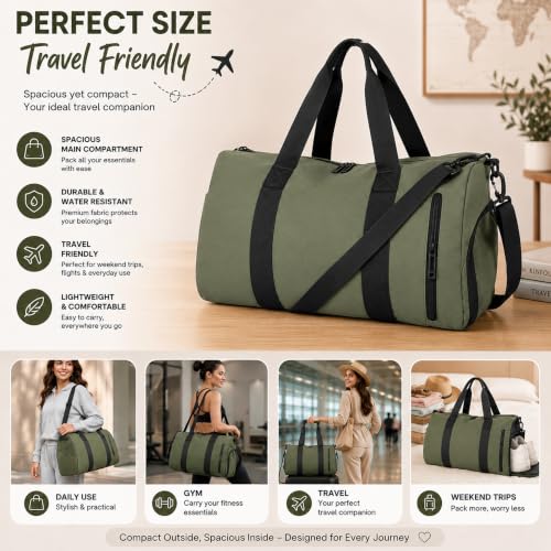Image of Storite Travel Duffel Bag with Shoe Compartment-Olive, 44x27x21 Cm | Water Resistant Nylon, Lightweight, Front Zipper Pocket, Adjustable Shoulder Strap, Spacious Storage, Travel, Gym, Daily Use