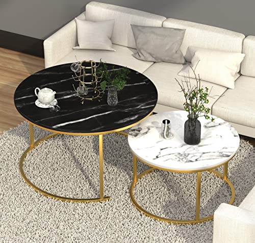 VILAWLENCE Marble Nesting Golden Coffee Table 31.5In Large Set of 2, Steel Frame Circular and Round Wooden Tables 31in, Living Room Bedroom Apartment Modern Industrial Simple Nightstand VILAWLENCE Marble Nesting Golden Coffee Table 31.5In Large Set of 2, Steel Frame Circular and Round Wooden Tables 31in, Living Room Bedroom Apartment Modern Industrial Simple Nightstand
