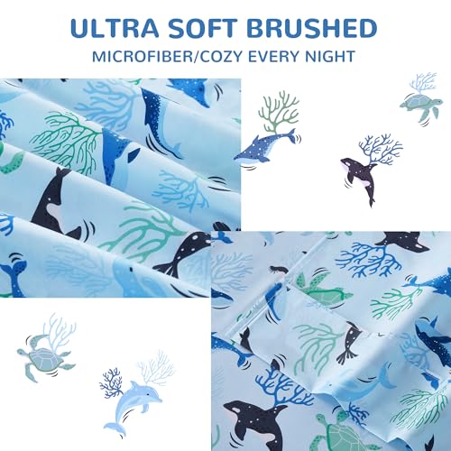 Image of Viviland 3 Pieces Boys Blue Ocean Twin Sheet Set - Soft Microfiber Fitted Flat Sheets & Pillowcase - Blue Ocean Whales, Sea Turtles, Marine Organisms Bedding Sets - for Kids & Toddlers