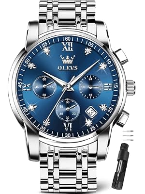OLEVS Men’s Waterproof Watch Big Silver Blue Dial Watches for Men Stainless Steel Chronograph Analog Quartz Dress Man Wrist Watch with Date Diamond Luxury Silver Man Watches Luminous Business