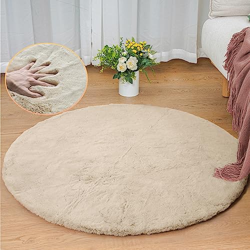Camel Plush Shag Faux Rabbit Washable Fuzzy Fur Rugs for Living Room Bedroom Kids Circle Small Nursery Area Rug Round Rug 3ft