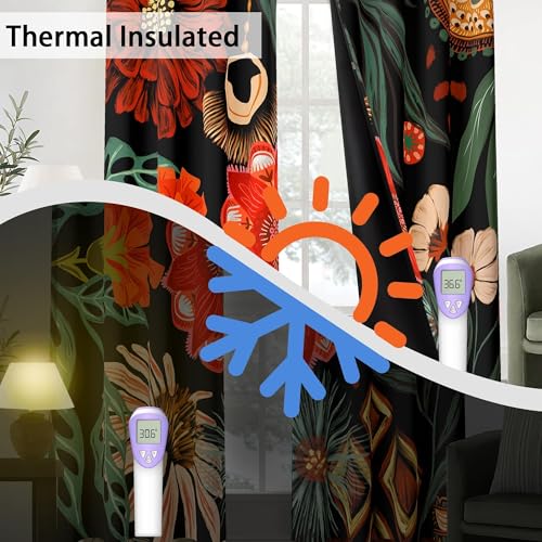 Image of Tyrot Black Floral Grommet Blackout Curtains, 52W x 63L, 2 Panels