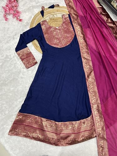 Image of Women's Vichitra Silk Anarkali Gown with Dupatta, Navy Blue Flared Traditional Dress with Magenta Zari Border, Jacquard Weaving Full Sleeves Ethnic Suit