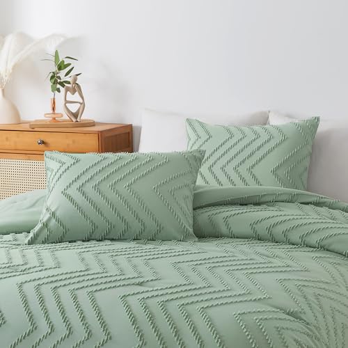 Image of Andency Sage Green Comforter Full, Boho Soft Fluffy Warm Lightweight Bedding Comforter Sets for Full Bed, 3 Pieces Light Green Chevron Tufted Aesthetic Microfiber Lightweight Comforter Set