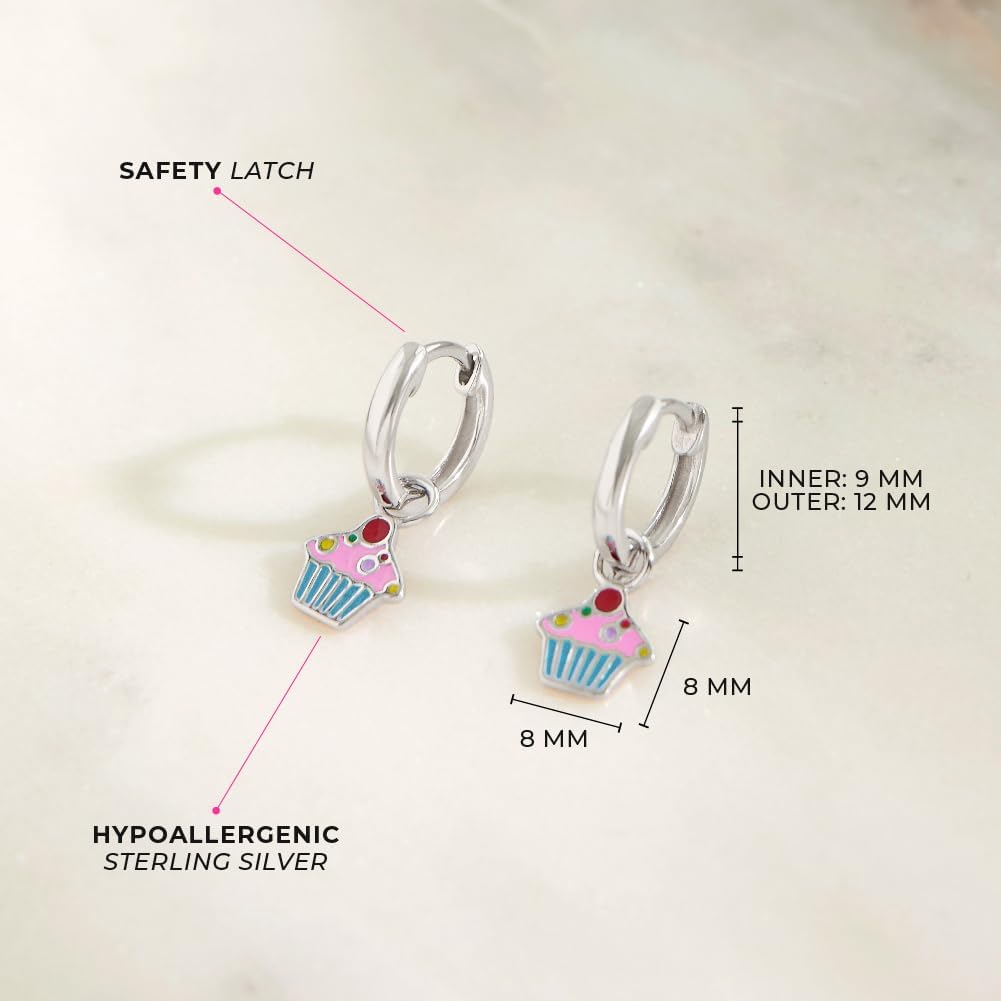 925 Sterling Silver Multicolor Enamel Cupcake Hoop Earrings For Little Girls 10mm - Adorable & Fun Food Themed Jewelry for Young Girls