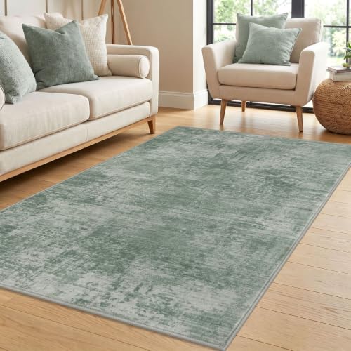 IOHOUZE Abstract Area Rug 4x6 Ft Washable Rugs for Entryway Indoor, Non Slip Small Living Room Rugs Printed Faux Wool Throw Rug, Floor Carpet for Kitchen Nursery Playroom, Sage Green