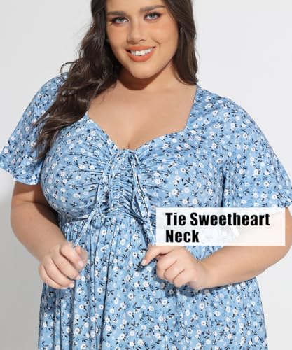 CARCOS Plus Size Dresses for Curvy Women Tie Sweetheart Neck Summer Maxi Dress Short Sleeve Empire Waist Floral Boho Dress4