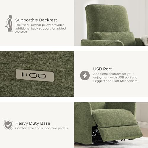Image of CHITA Power Swivel Glider Recliner Chair, Nursery Glider, Fabric in Green | FSC Certified Upholstery Rocking Chair, Power Lumbar Support, Reclining Chair for Living Room & Nursery