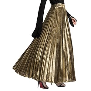 CHARTOU Women’s Premium Metallic Shiny Shimmer Accordion Pleated Long Maxi Skirt