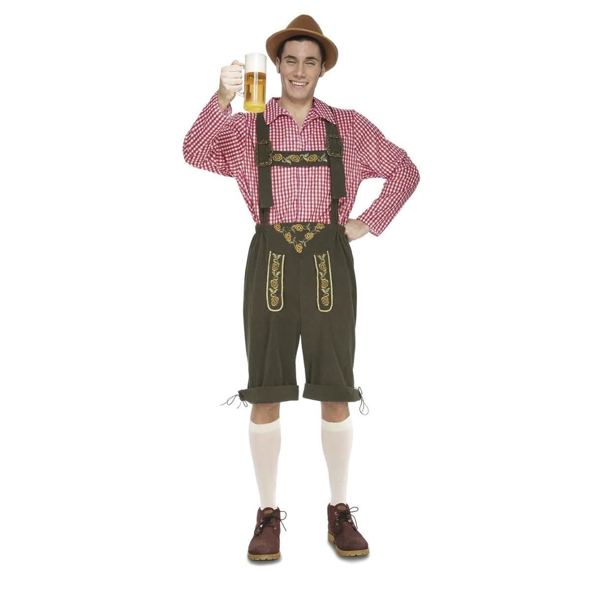 My Other Me - Disfraz Oktoberfest hombre verde y amarillo adulto | Incluye sombrero marrón, camisa, pantalón corto verde oscuro con tirantes y bordados en amarillo