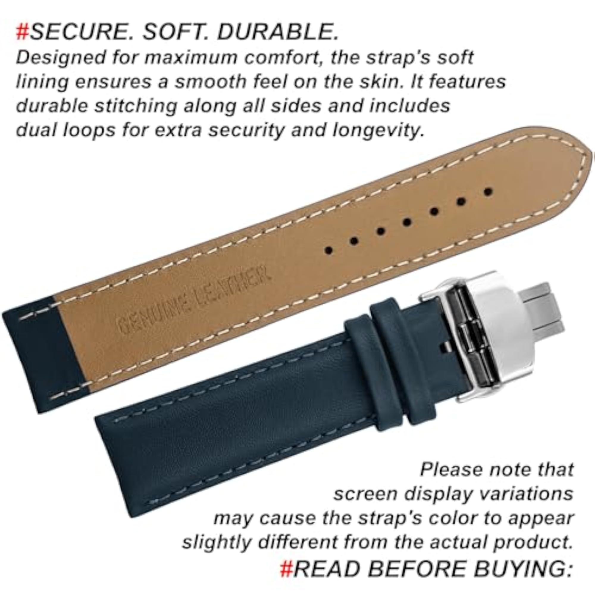Leather Watch Strap with Butterfly Lock, Minimalist Design