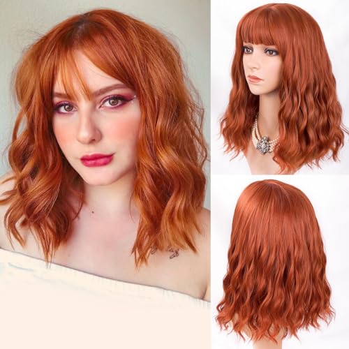 KETTIKALER Auburn Bob Wig with Bangs Short Wavy Copper Red Wigs for Women Shoulder Length Burnt Orange Curly Bob Wigs Heat Resistant Synthetic Wigs for Halloween Cosplay Daily Party Use 14 Inch