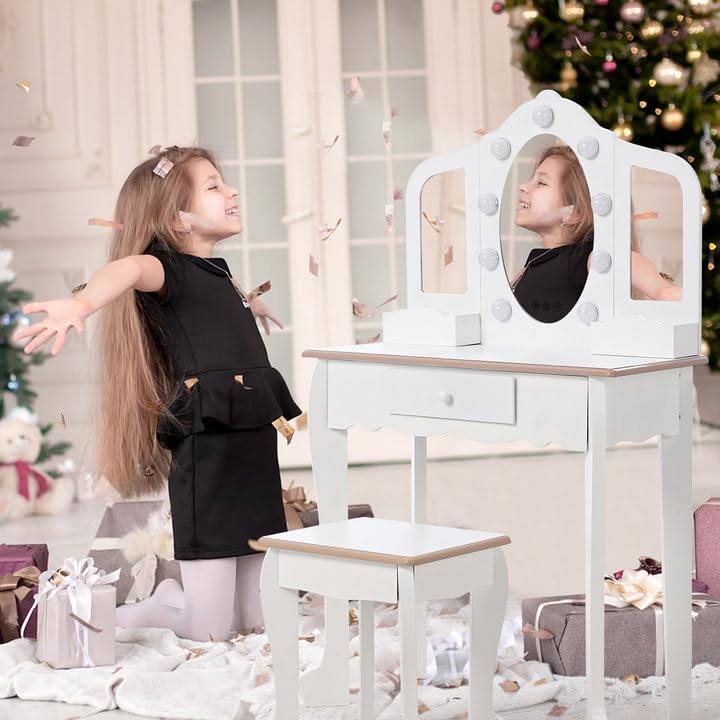 Kids Vanity with 3 Mirrors and Stool, Girls Vanity with Wood Makeup Playset, Princess Vanity Table for Toddlers, White