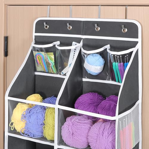 Image of Univivi Hanging Yarn Storage Organizer with Clear 4 Pockets, Extra Large 6 Tiers Crochet Bag Organizer, Over the Door Yarn Storage for Crochet Hook, Knitting Needles (Dark Grey)