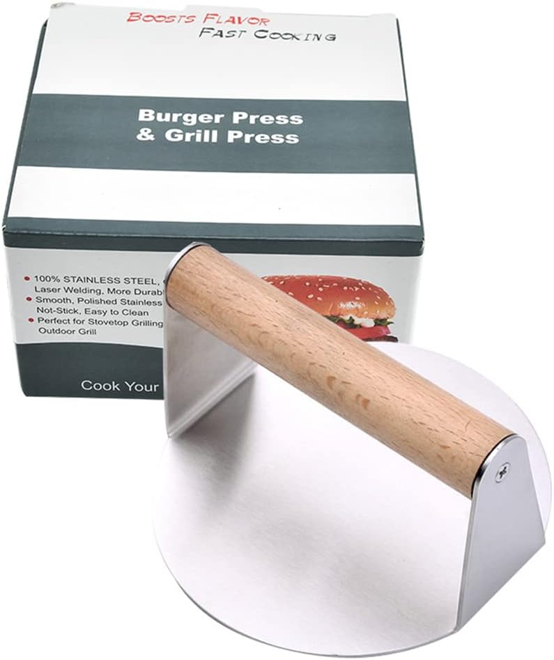 LoBake Manual 304 Stainless Steel Round Square Meat Press Meat Patties Hamburger Maker with Wooden Handle Pressing Steak Kitchen Tools (Square Steel Handle)