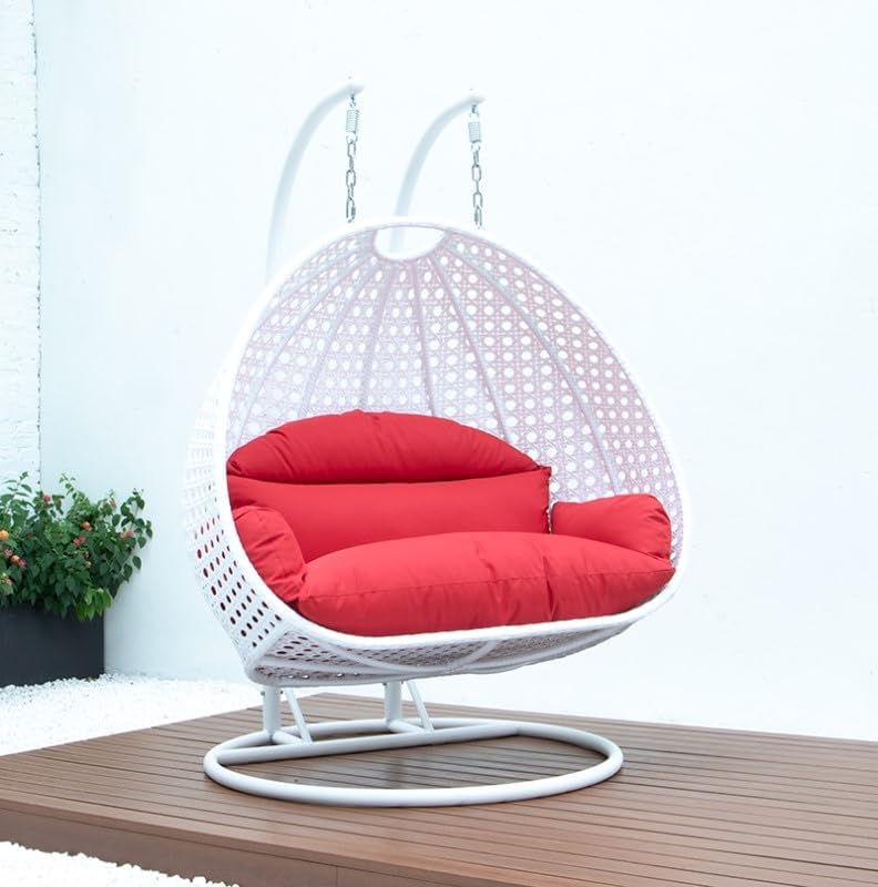 Image of Double Seater Hammock Swing Chair with Stand & Cushion | Heavy Duty Powder Coated Steel Frame | Outdoor Indoor Hanging Swing for Patio Balcony Garden Terrace Living Room (White-RED)
