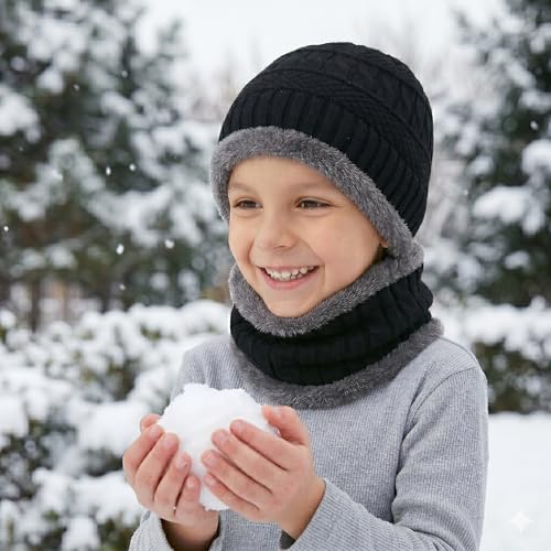 Image of Woolen Winter Cap with Neck Scarf for Boys and Girls /Kids Winter Cap (Age 5-14 Years)