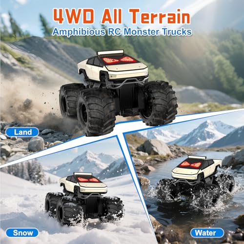 Image of Amphibious Monster Truck with LED Eyes, 1:18 Rechargeable Remote Control Car, 2.4 GHz Waterproof RC Cars Toy Truck, 4WD All Terrain Off-Road Pickup, Toys for 6+ Year Old Kids Christmas Birthday Gifts