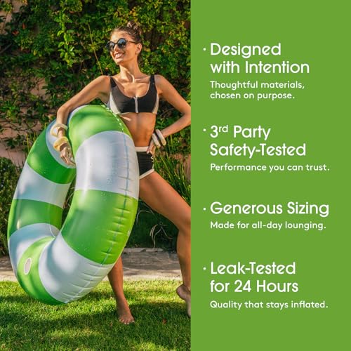 Image of FUNBOY Giant Green & Blue Stripe Inflatable Pool Float with Cup Holder, 48 inch Adult Inner Tube Swim Ring Pool Lounger