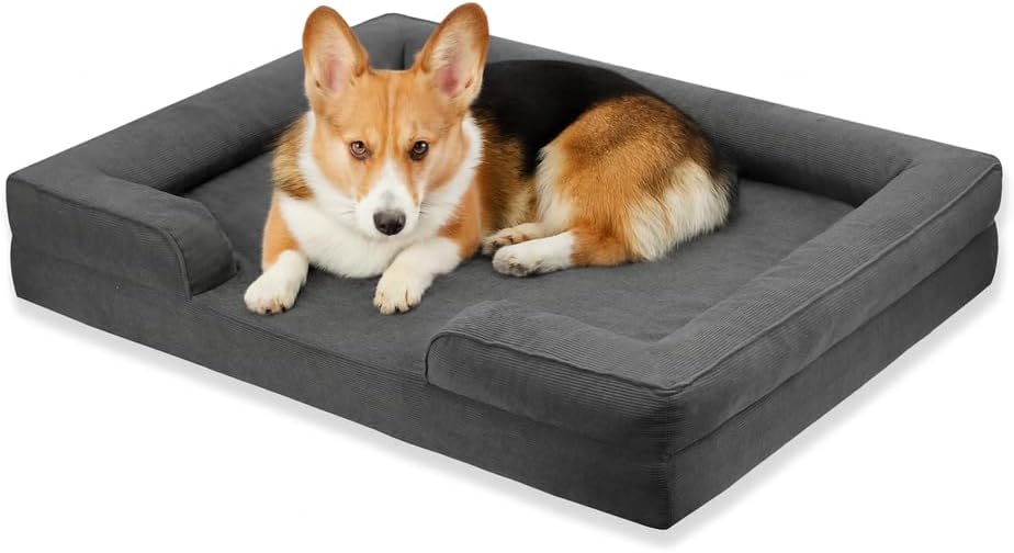 Gray Corduroy Orthopedic Dog Bed with Bolster – Memory Foam, Washable Removable Cover, Non-Slip Bottom (Small)