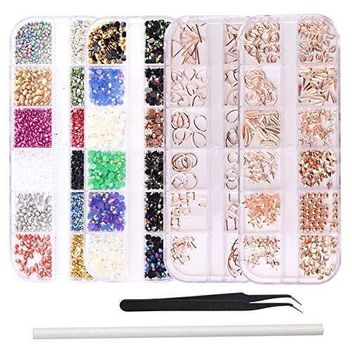 WOKOTO 4Pcs Metal Nail Art Studs Charms And Rhinestones Kit With Tweezers And Picker Pencil Rose Gold Hollow Mix-Shapes Nail Studs Rivet Mix-Color Rhinestones Flatback Decoration Kit