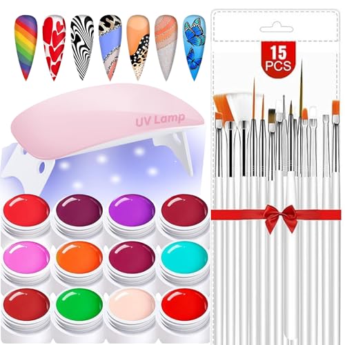 HUDA GIRL 12 Colour UV Gel Nail Polish Kit with UV Lamp & 15 Pcs Nail Art Brush Set for Women & Girls – Long-Lasting Glossy Finish, DIY Professional Nail Extension & Art Tools Combo