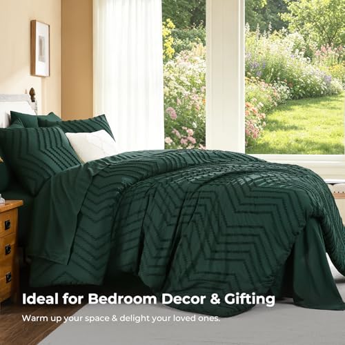 Image of Litanika Full Size Comforter Set with Sheets Dark Emerald Green - 7 Pieces Bed in a Bag Full Chevron Tufted Complete Bedding Sets with Comforter, Sheets, Pillowcases & Shams