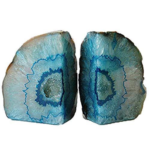 AMOYSTONE Geode Bookends Heavy Duty Agate Large Stone Bookend Decorative Crystal Quartz Book Ends Dyed Teal with Rubber Bumpers(1 Pair, 6-8 LBS)