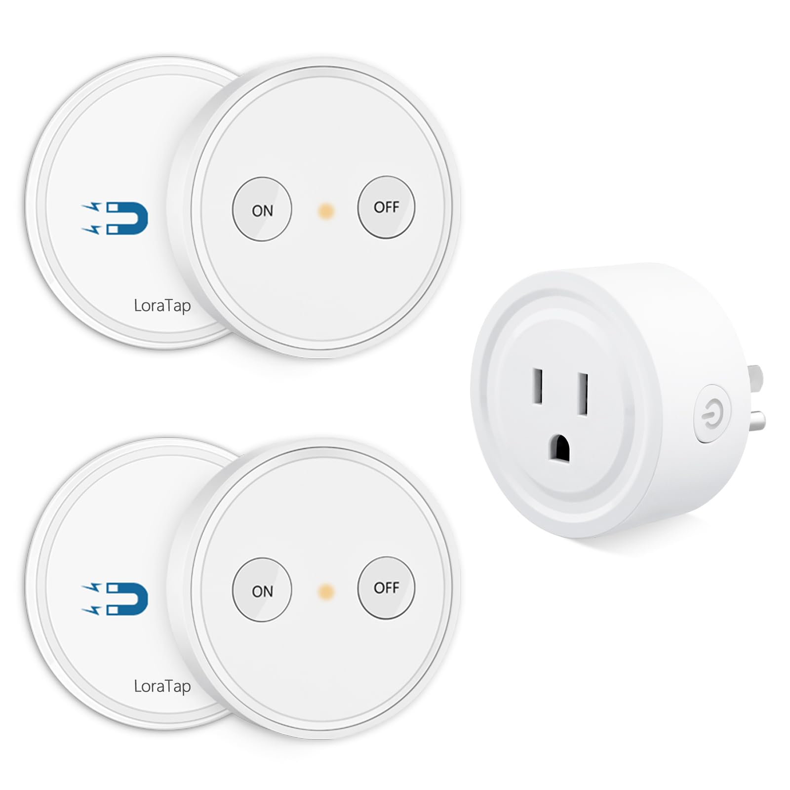 LoraTap Mini Remote Control Outlet Plug Adapter with 2 Remotes, 656ft Range Wireless Light Switch for Household Appliances, No Hub Required, 10A/1100W, White, 2 Years Warranty (2 Remotes + 1 Outlet) 2 Control 1 Classic Round 10A Outlet