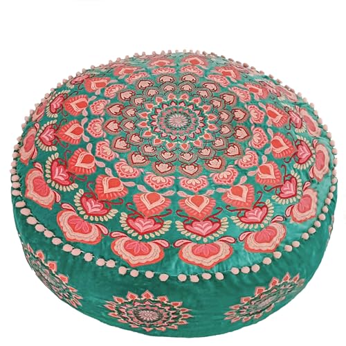 Turkos rund puff ottomanskt överdrag med sammetsbroderi - Mjuk broderad golvkudde med marockansk design, 60 cm diameter, perfekt för vardagsrum,...