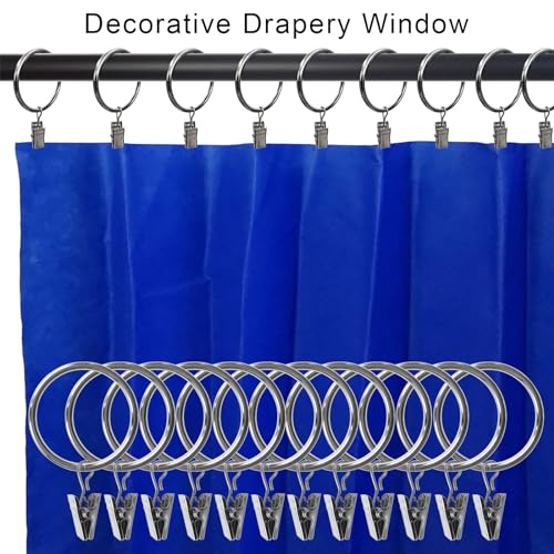 image for AMZSEVEN 100 Pack Metal Curtain Rings with Clips, Drapery Clips Hooks,
